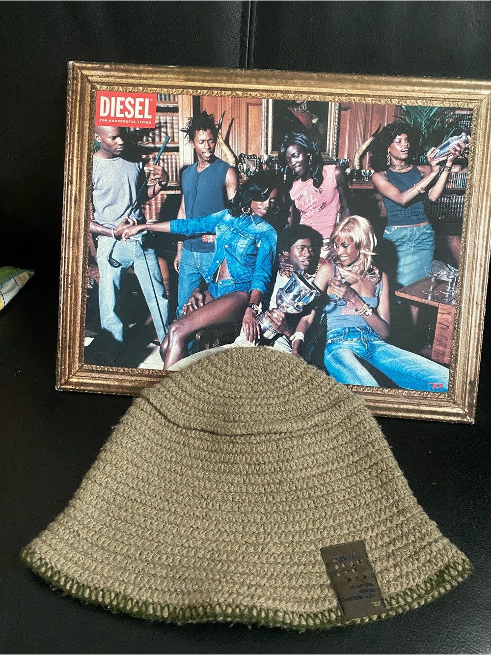 Diesel Olive Crochet Bucket Hat with Dark Trim